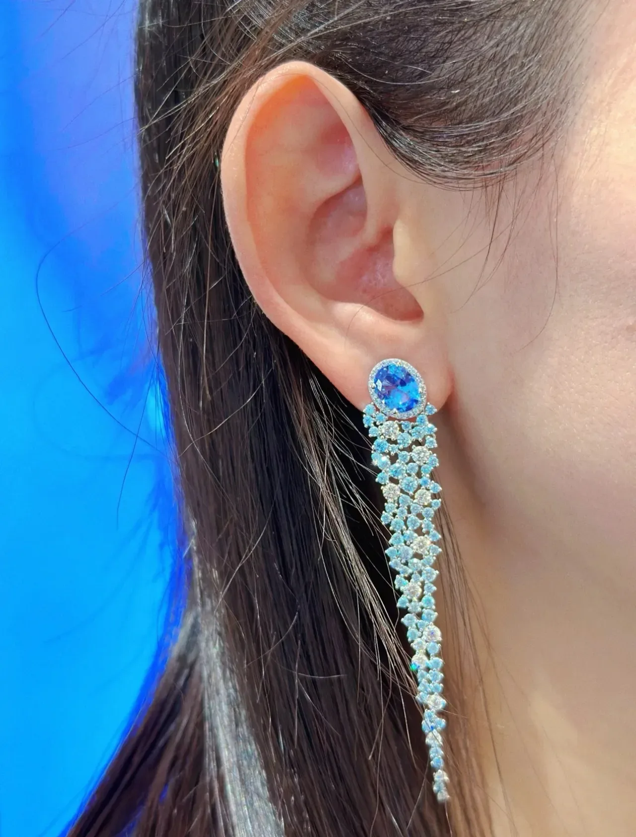 Oval Aquamarine-Top Cascading Crystal Dangle Earrings 4