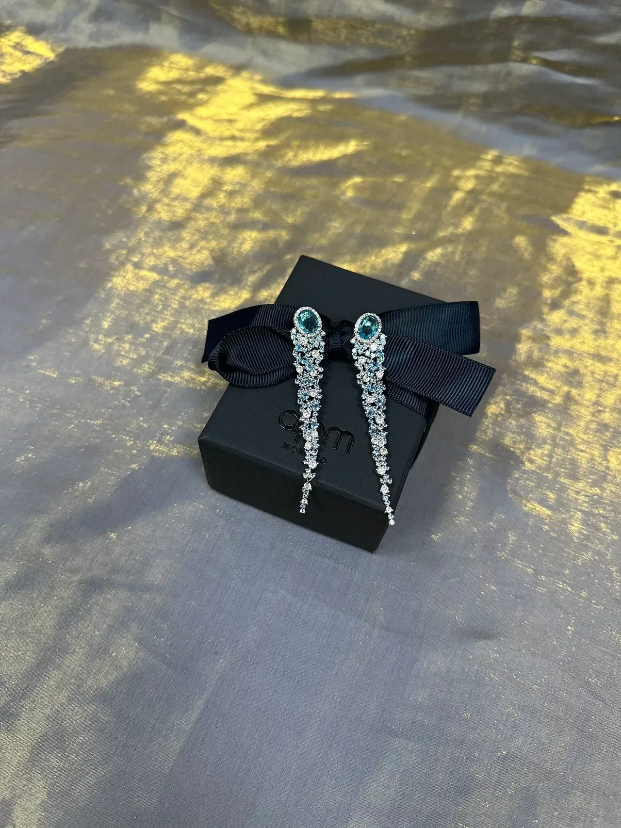 Oval Aquamarine-Top Cascading Crystal Dangle Earrings 7