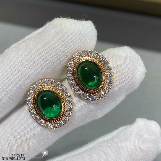 Oval Green Cabochon Halo Stud Earrings 9