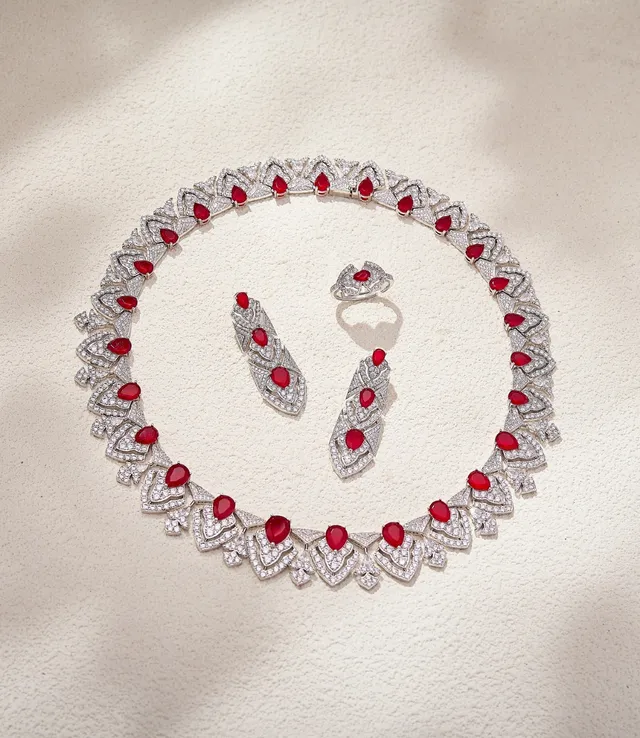 Pear-Cut Red Gemstone Pavé Diamond Asymmetrical Ring 2