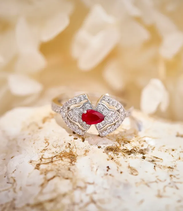 Pear-Cut Red Gemstone Pavé Diamond Asymmetrical Ring 5
