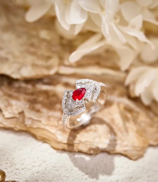 Pear-Cut Red Gemstone Pavé Diamond Asymmetrical Ring 7