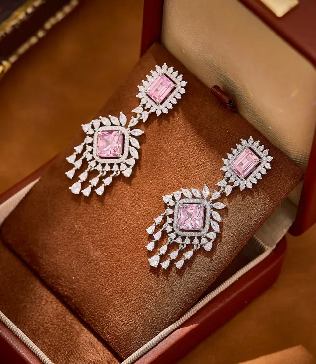 Pink and White Pavé Chandelier Drop Earrings 3