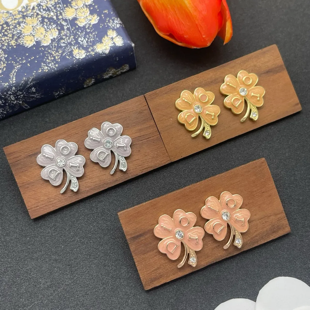 Pink Enamel Flower Crystal Stud Earrings 2