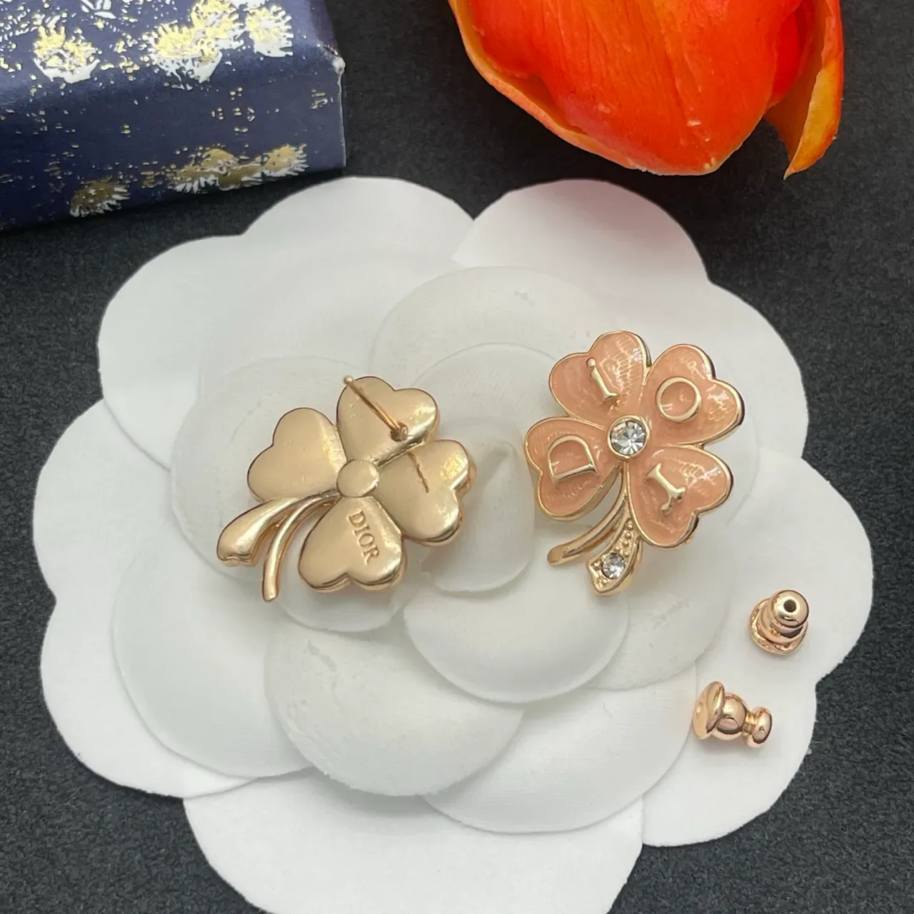 Pink Enamel Flower Crystal Stud Earrings 5