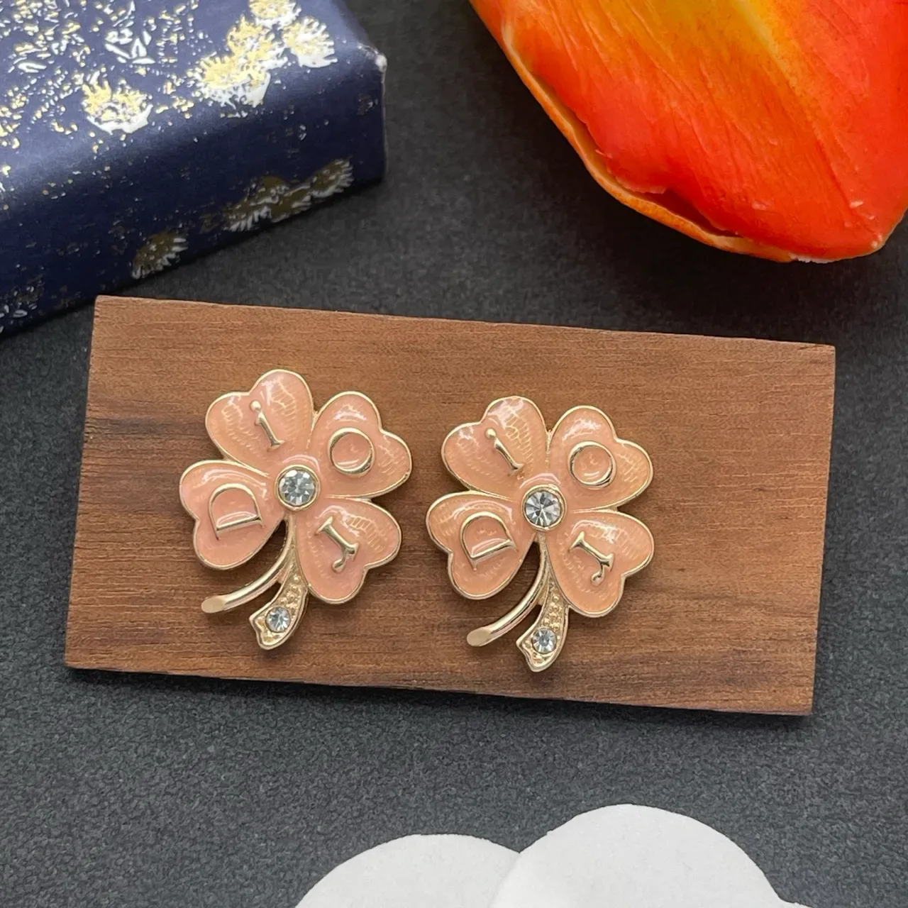 Pink Enamel Flower Crystal Stud Earrings 7