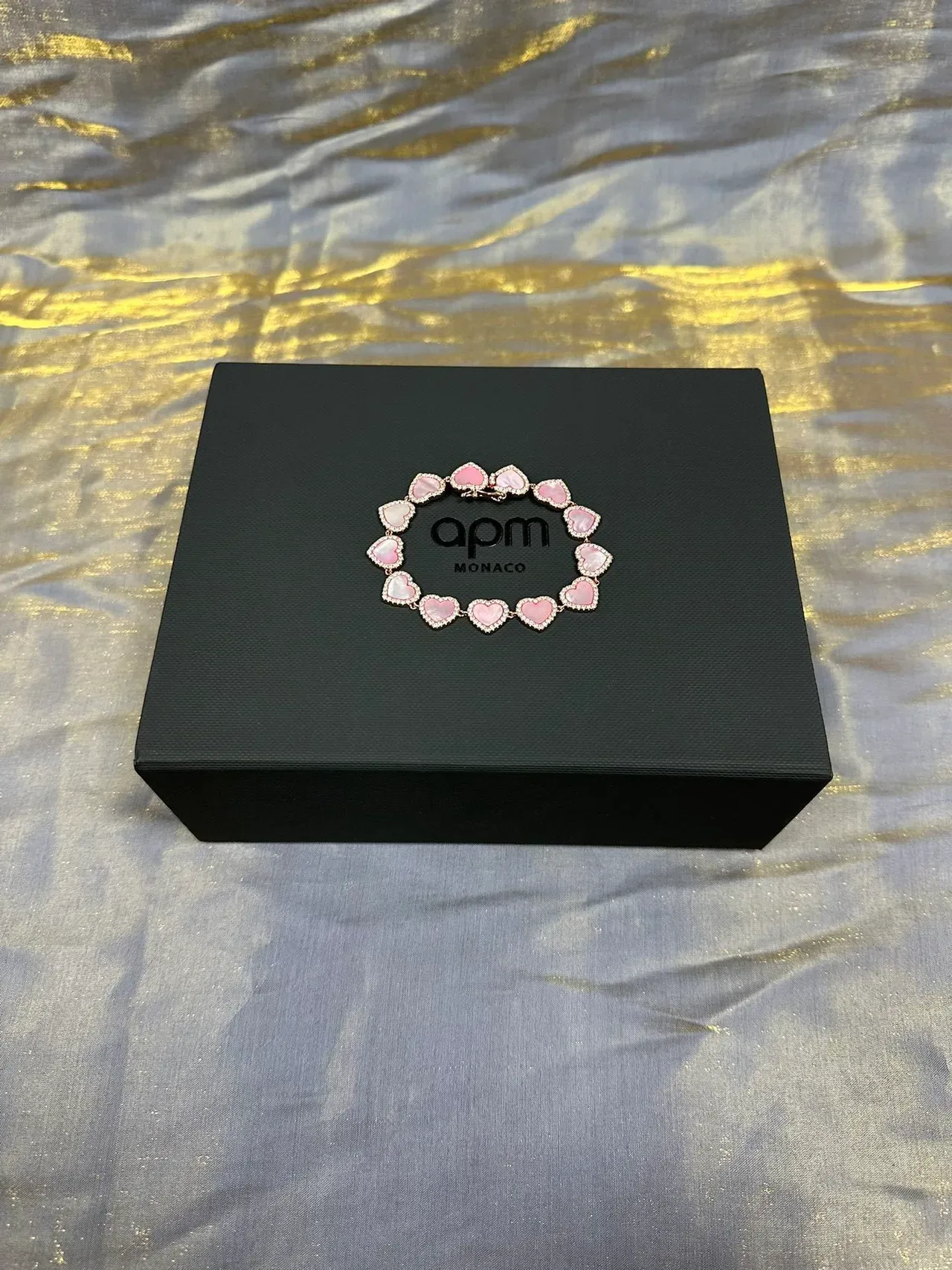 Pink Mother-of-Pearl Heart Bezel-Set Five-Stone Gold-Tone Bracelet 3