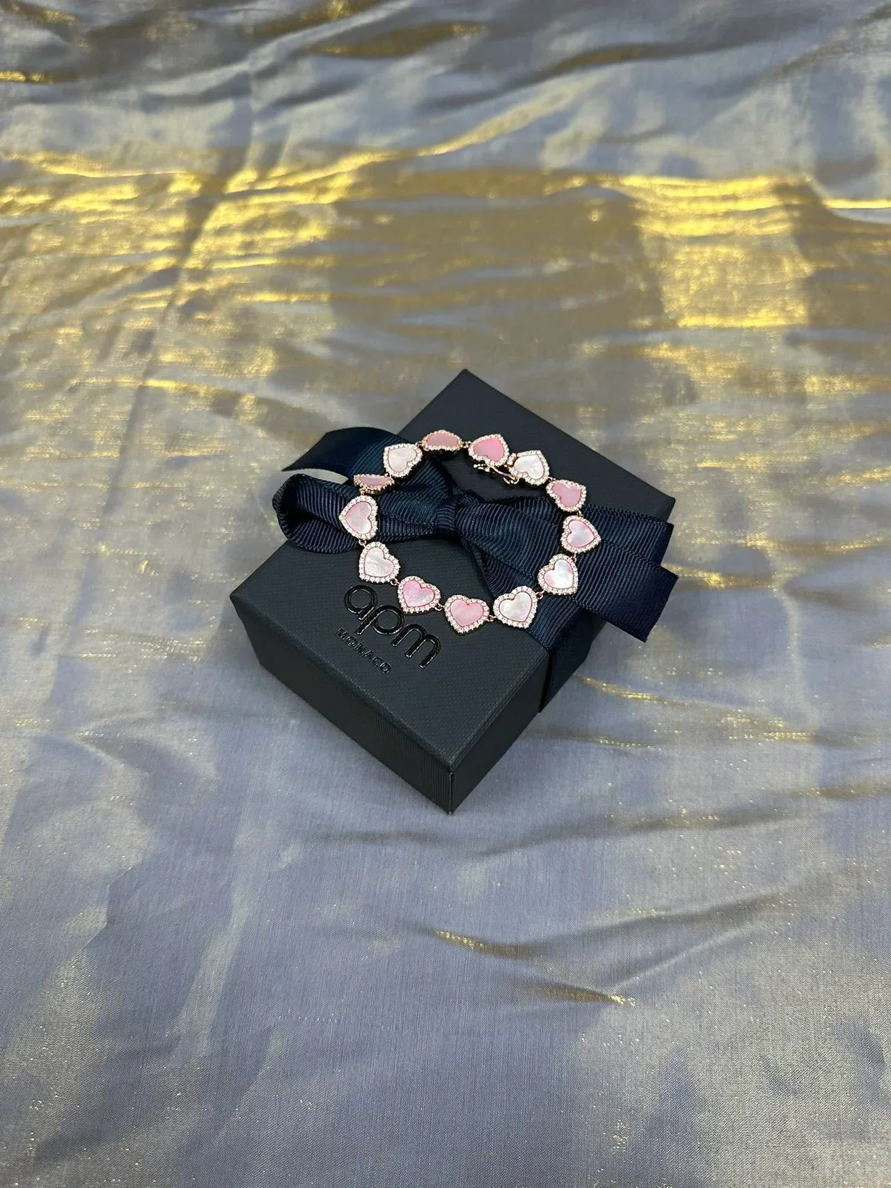 Pink Mother-of-Pearl Heart Bezel-Set Five-Stone Gold-Tone Bracelet 4