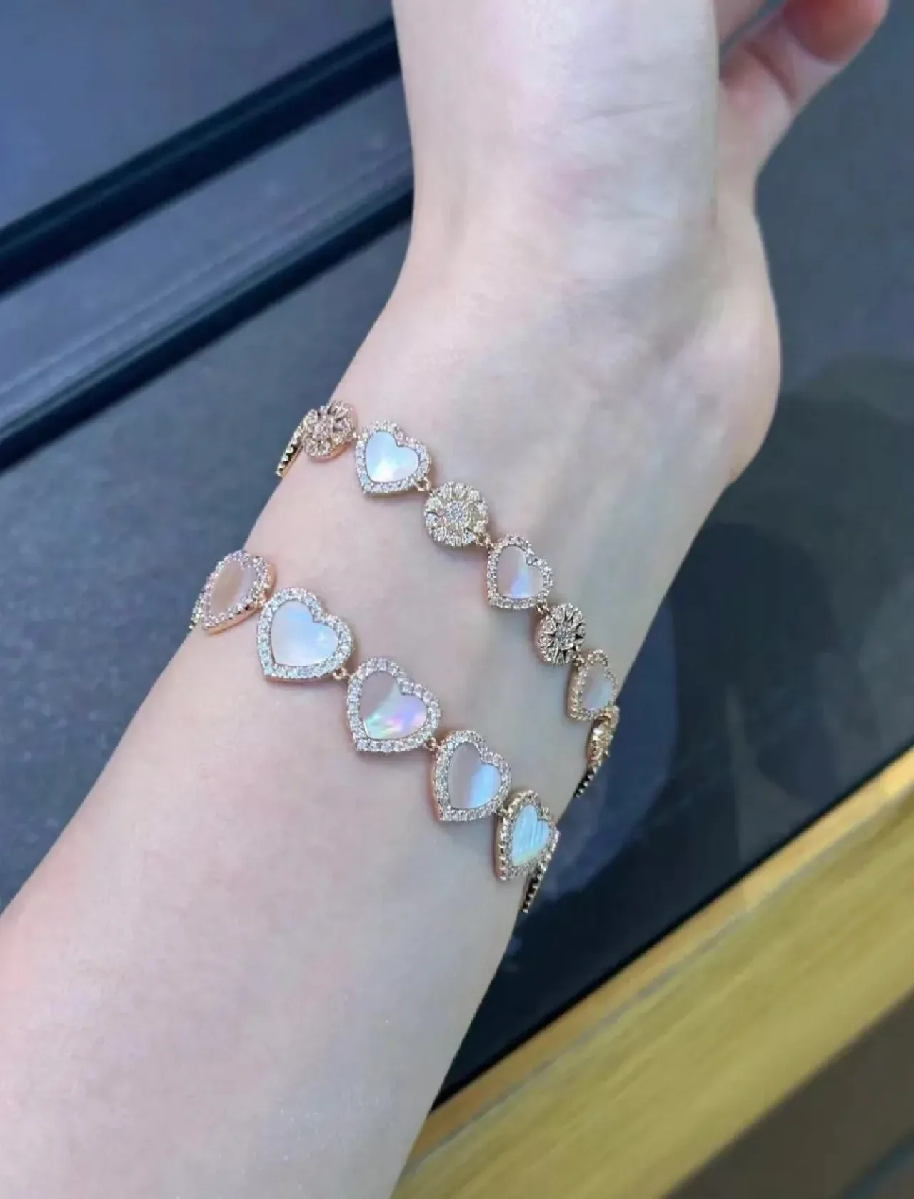 Pink Mother-of-Pearl Heart Bezel-Set Five-Stone Gold-Tone Bracelet 5