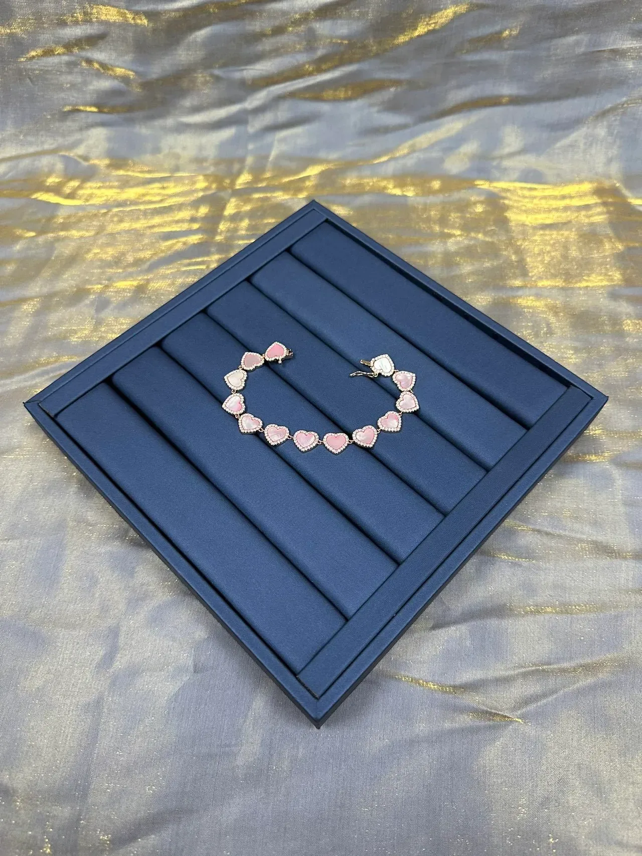 Pink Mother-of-Pearl Heart Bezel-Set Five-Stone Gold-Tone Bracelet 9