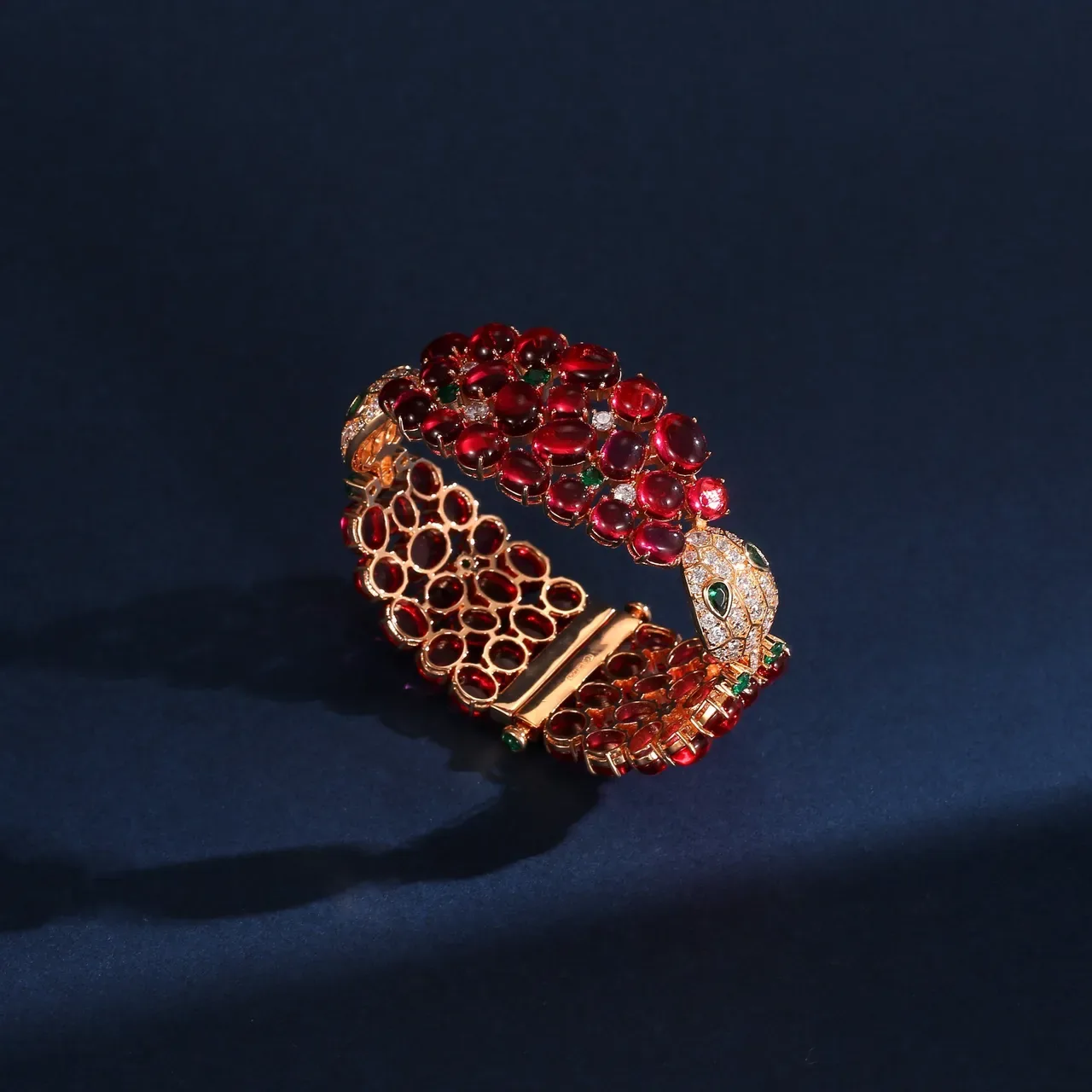 Red and Green Gemstone Snake-Head Hinged Bangle Bracelet 2