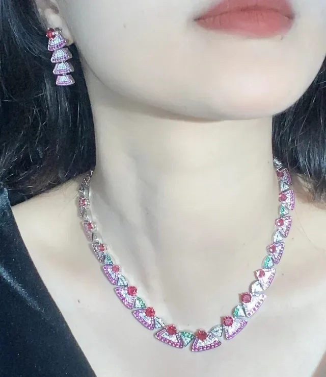 Red and Pink Pavé Gemstone Multi-Tiered Triangular Earrings 2