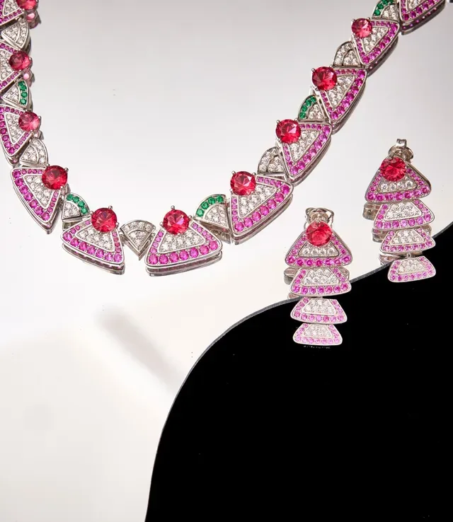 Red and Pink Pavé Gemstone Multi-Tiered Triangular Earrings 6