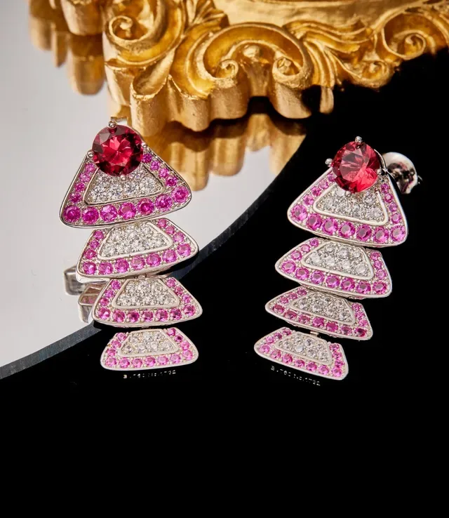 Red and Pink Pavé Gemstone Multi-Tiered Triangular Earrings 8