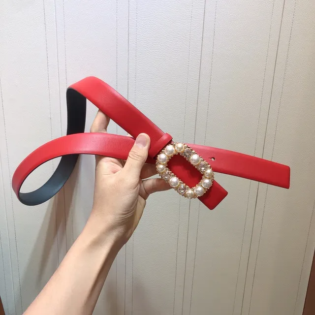 Red Black Pearl-Embellished Buckle Leather Belt 2