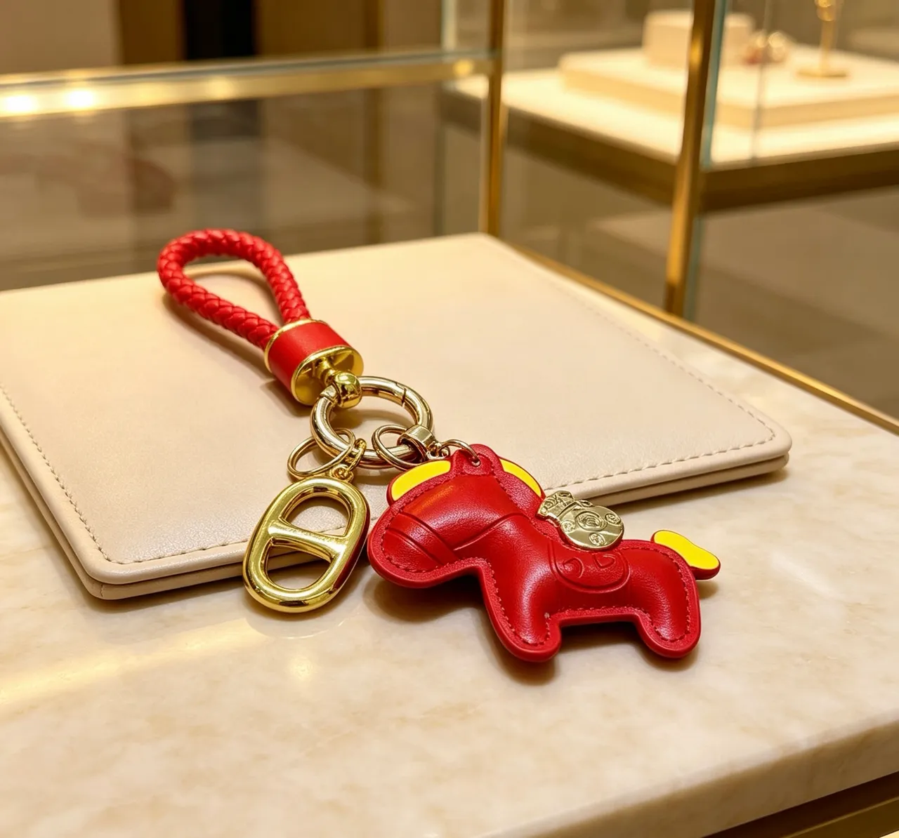 Accesorio de hardware para teléfono con bucle de cuero trenzado rojo y dorado 2