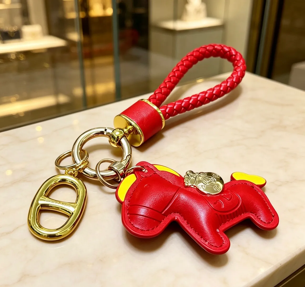 Accesorio de hardware para teléfono con bucle de cuero trenzado rojo y dorado 3