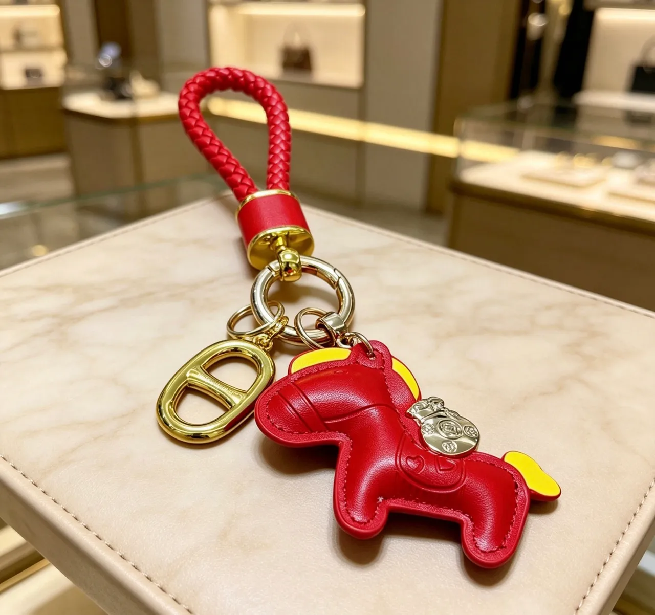 Accesorio de hardware para teléfono con bucle de cuero trenzado rojo y dorado 4