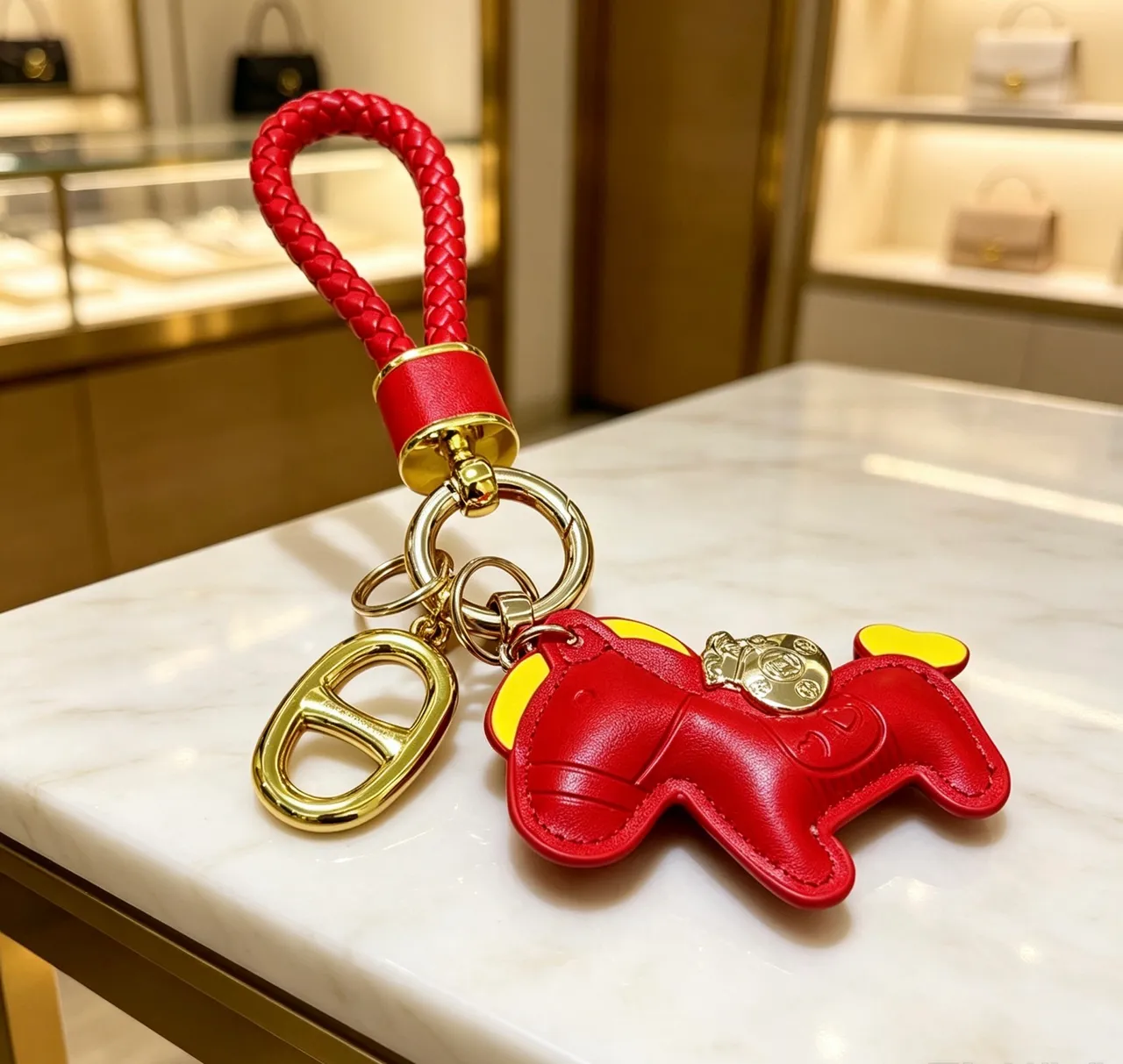 Accesorio de hardware para teléfono con bucle de cuero trenzado rojo y dorado 6