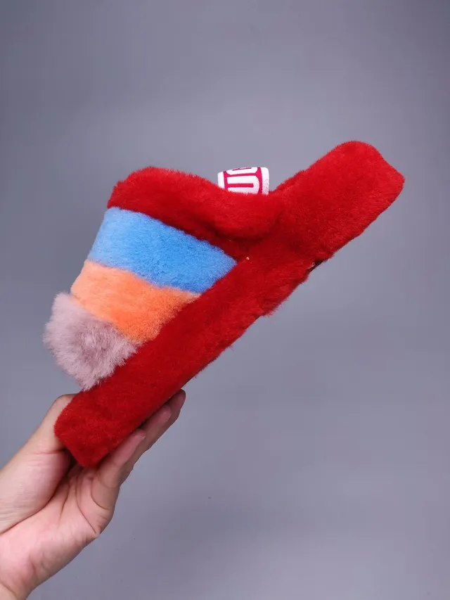 Red Multicolor Fuzzy Faux Fur Multi-Color Striped Slippers 9