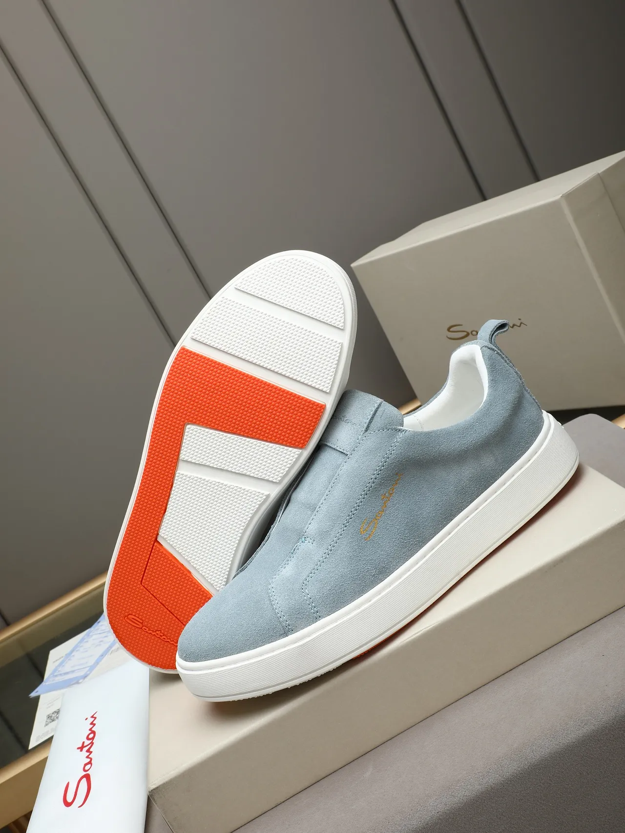 Santoni Blue White Slip-On Suede Upper Sneakers 4