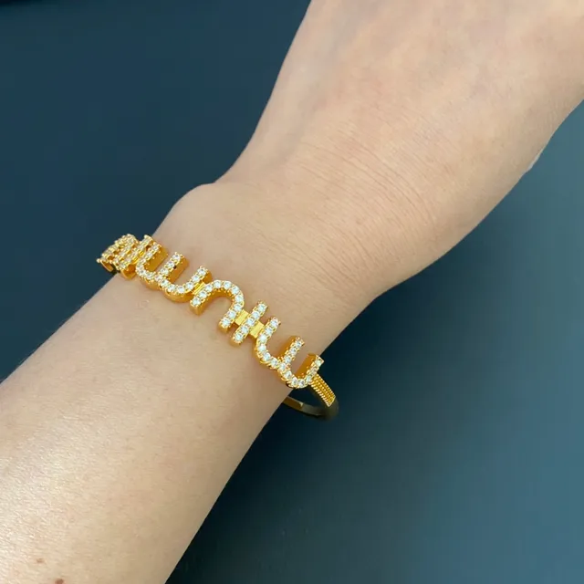 Silver and Gold Tone Pavé Lettering Open-Cuff Bracelets 2