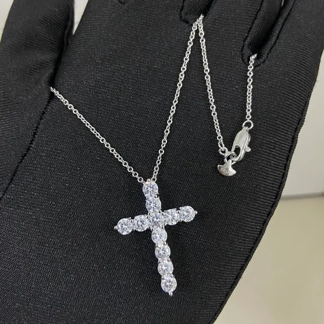Silver Black Cross-Shaped Pendant Pave-Set Round Stones Necklace 3