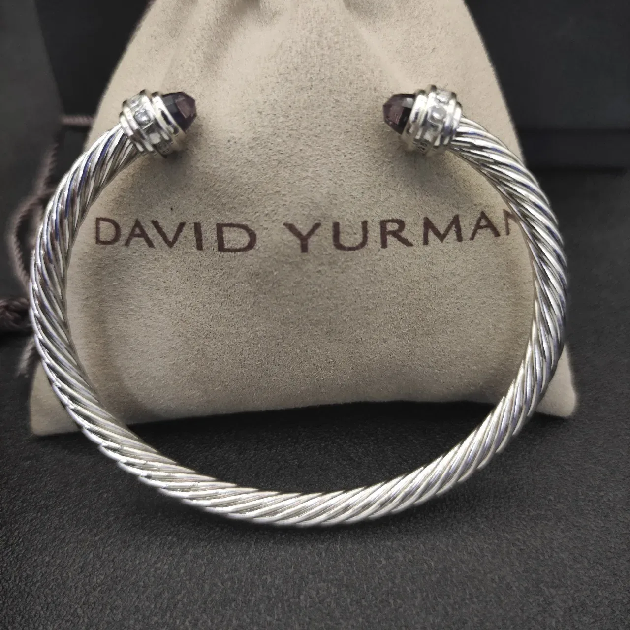 Silver Black Twisted Cable Faceted Stone Terminals Bracelet 3