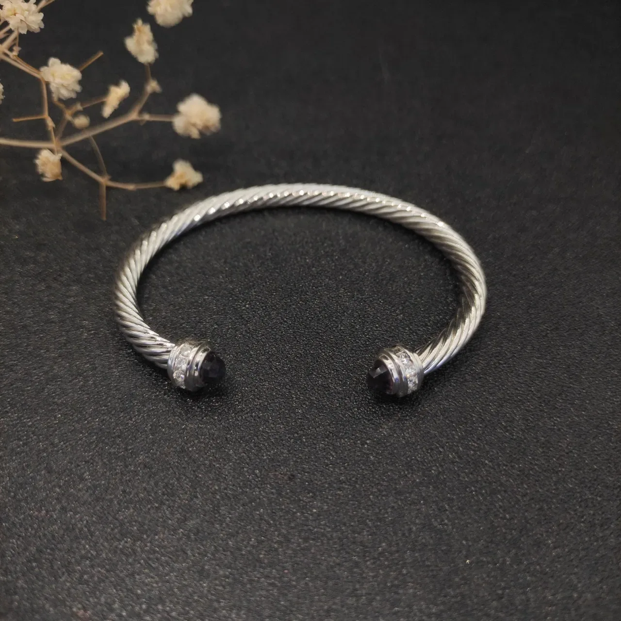 Silver Black Twisted Cable Faceted Stone Terminals Bracelet 8