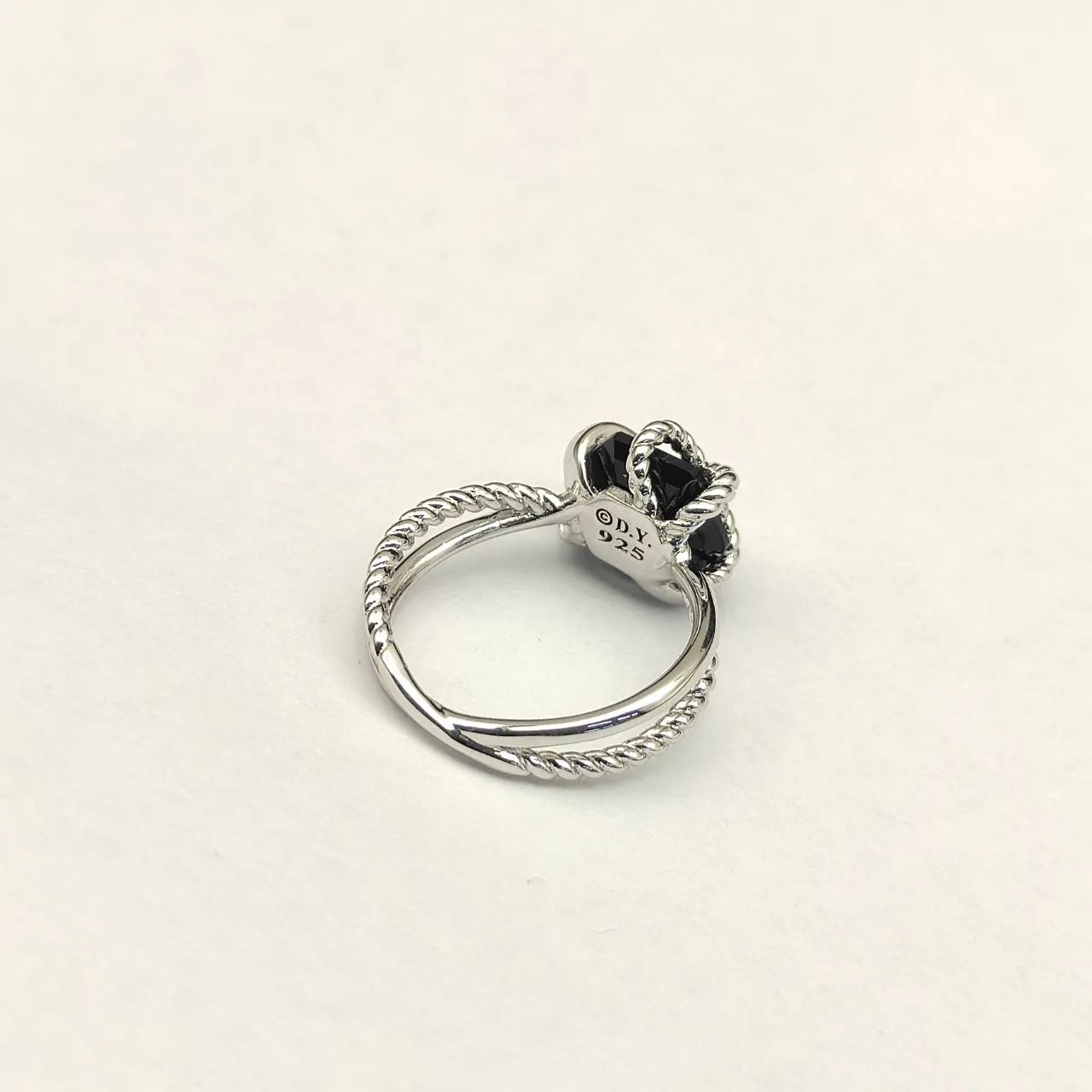 Silver Black Twisted Rope Band Faceted Gemstone Ring 5