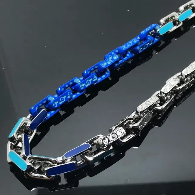 Collar Cadena de Eslabones Gruesa Plateada con Piedras Pavé-Set Azules 5