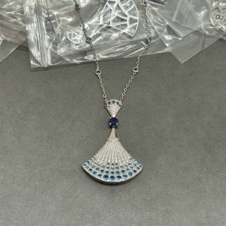 Silver Blue Fan-Shaped Pendant Pavé-Set Stones Necklace