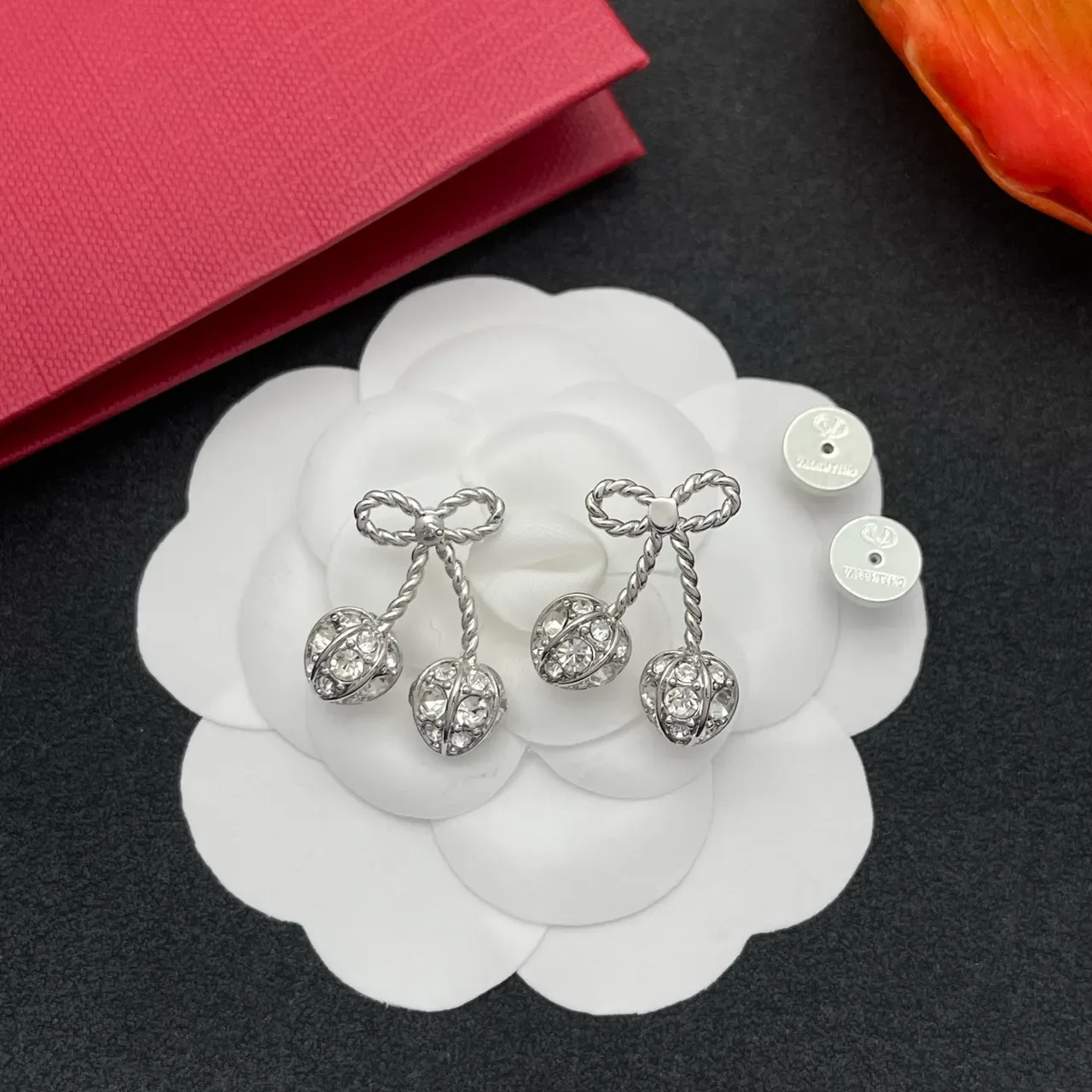 Silver Bow-Topped Twisted-Stem Crystal Cherry Dangling Stud Earrings 5