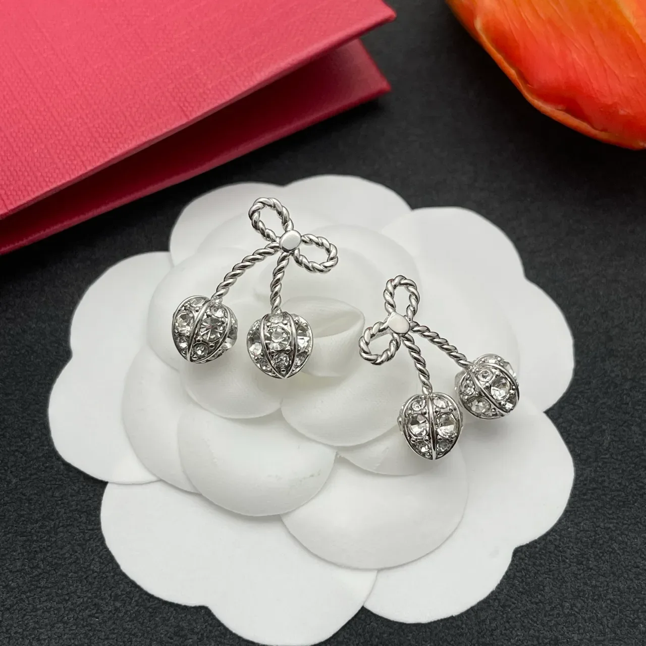 Silver Bow-Topped Twisted-Stem Crystal Cherry Dangling Stud Earrings 7