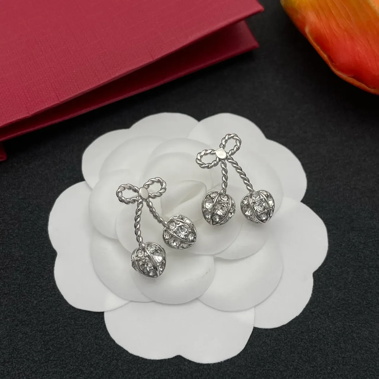 Silver Bow-Topped Twisted-Stem Crystal Cherry Dangling Stud Earrings 8