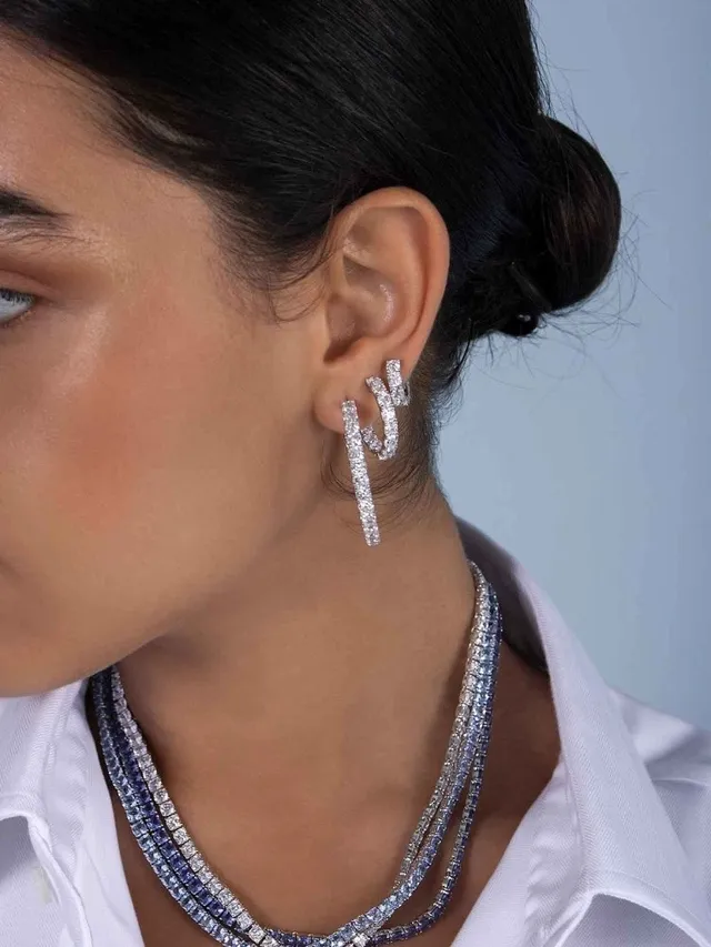 Silver Navy Pave-Set Chunky Hoop Earrings 2