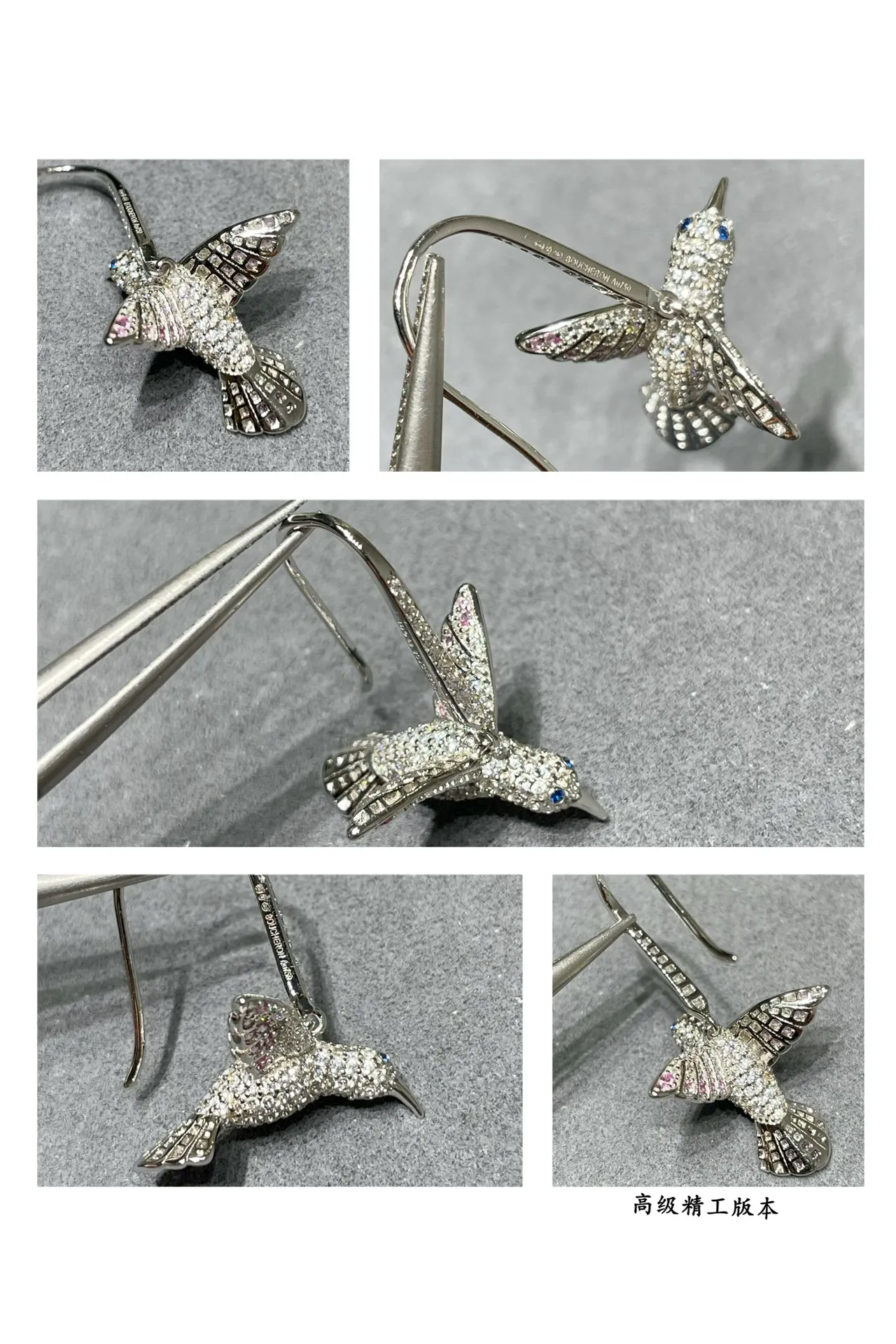 Brincos de prata com colibri rosa em silhueta pavé-set com pedras 4