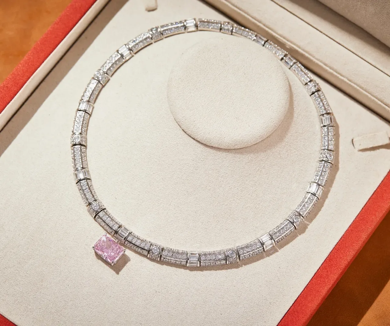 Silver Pink Segmented Choker Pavé Diamond-Set Necklace 2