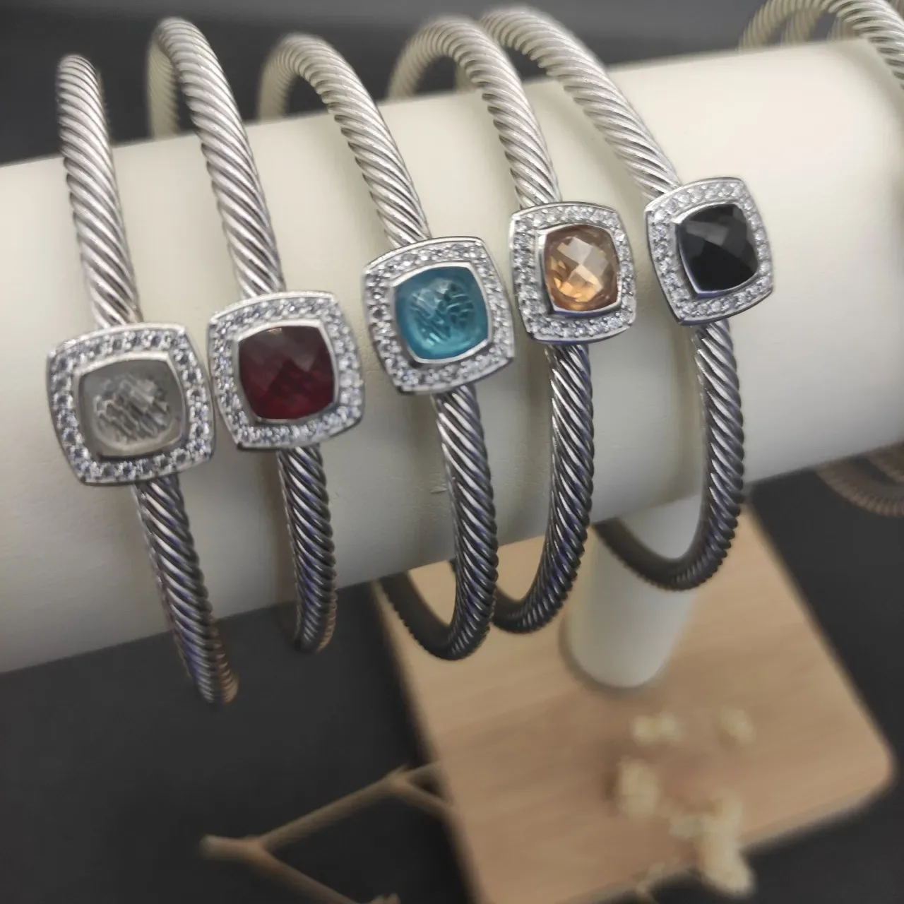 Silver Pink Twisted Cable Band Square Bezel Bracelet 7