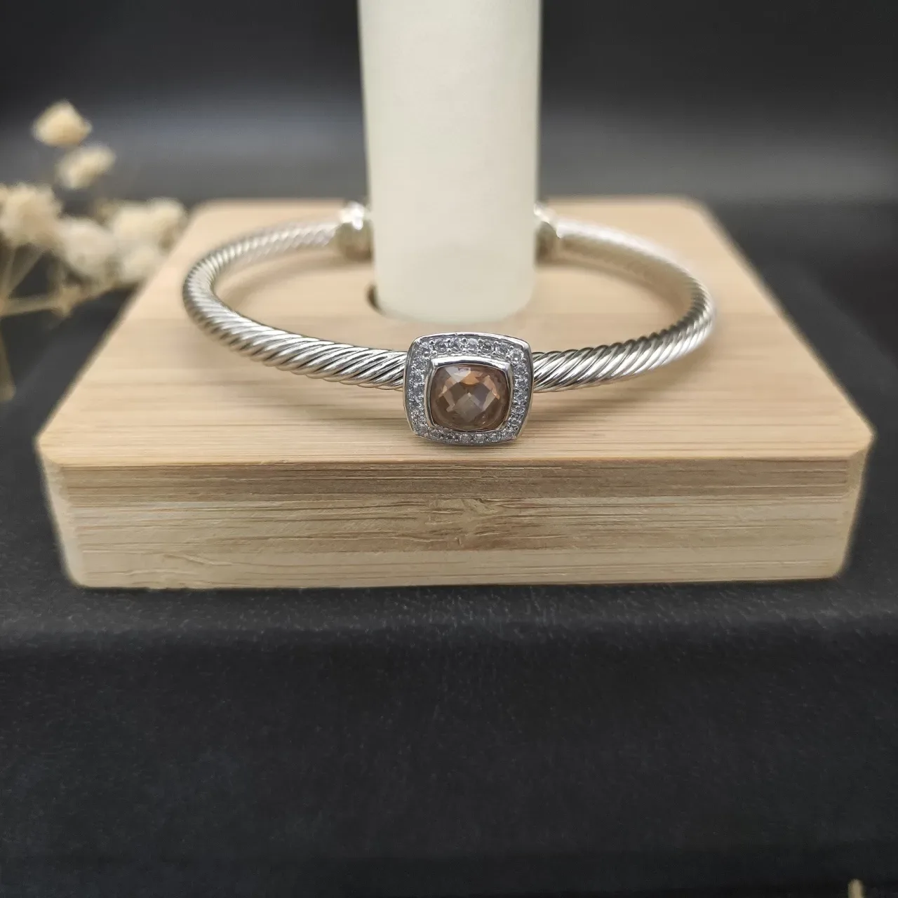 Silver Pink Twisted Cable Band Square Bezel Bracelet 8
