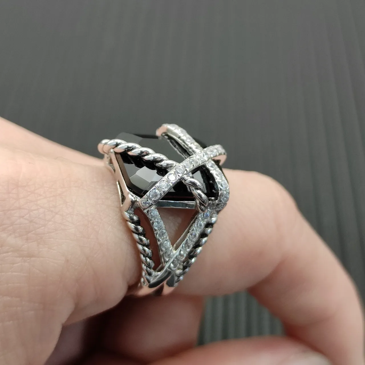Silver Purple Twisted Rope Band Crisscross Pavé Bar Ring 4