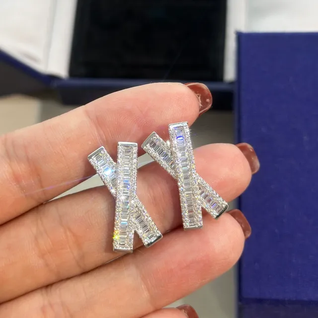 Silver-Tone Baguette Crystal X-Shape Stud Earrings 7