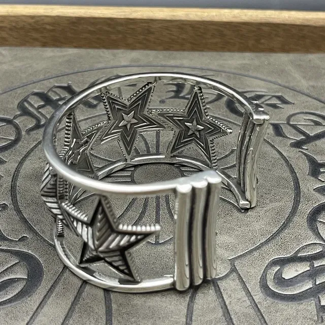 Silver-Toned Engraved Star Motif Open Cuff Bracelet 8