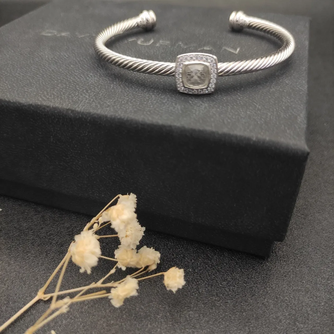 Silver White Rope-Twist Band Square Pavé-Set Centerpiece Bracelet 3