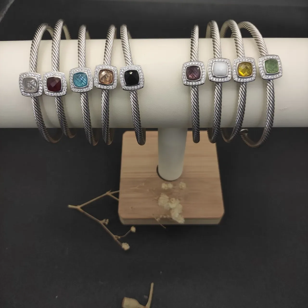 Silver White Rope-Twist Band Square Pavé-Set Centerpiece Bracelet 7