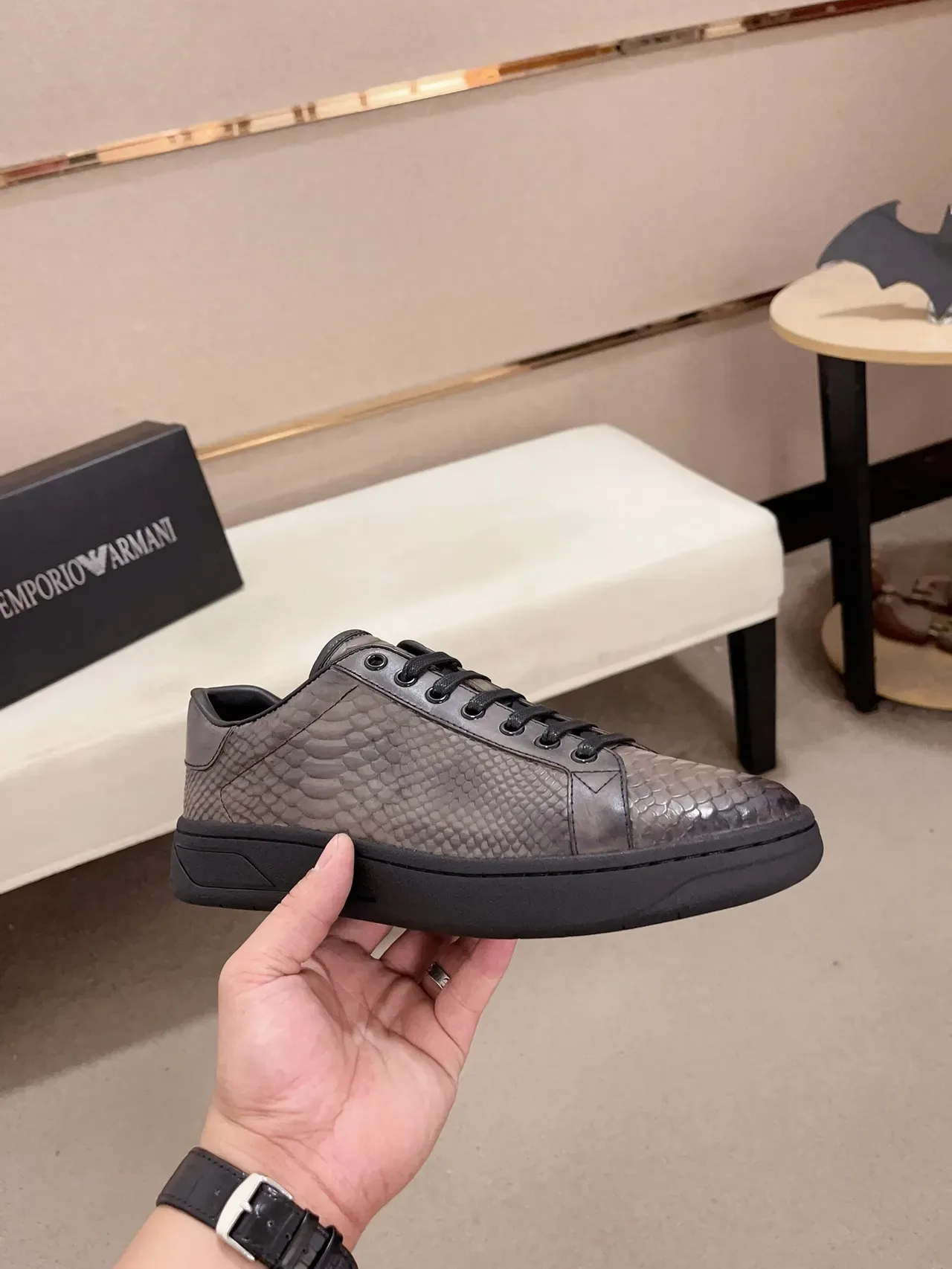 Snake-Embossed Gray and Black Lifestyle Sneakers 4
