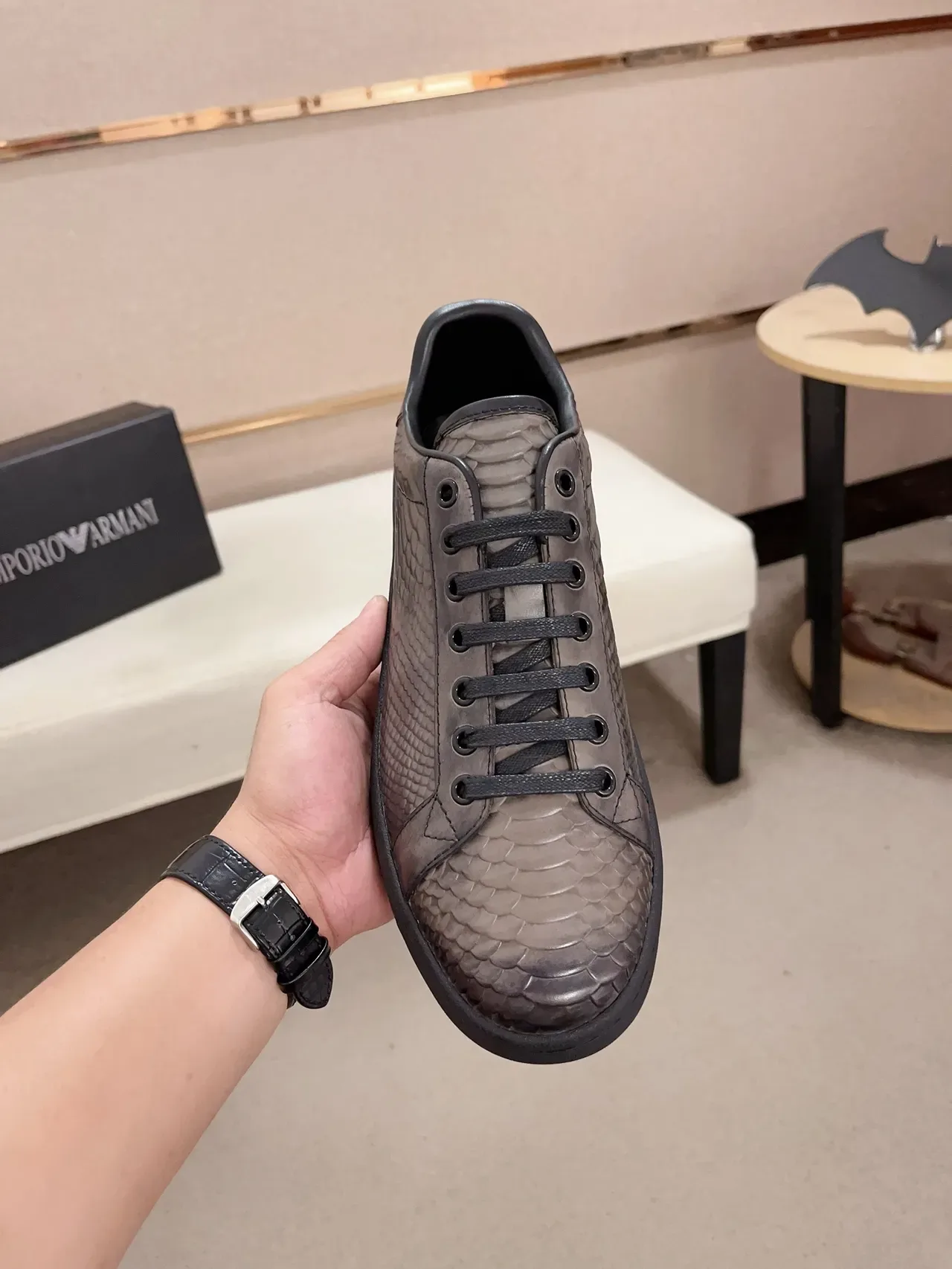 Snake-Embossed Gray and Black Lifestyle Sneakers 5