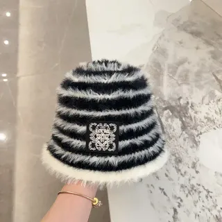 Striped Black and White Faux Fur Bucket Hat