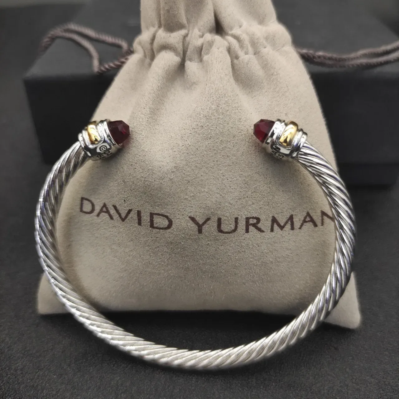 Twisted Cable Gemstone-Tipped Two-Tone Open Cuff Bracelet 3