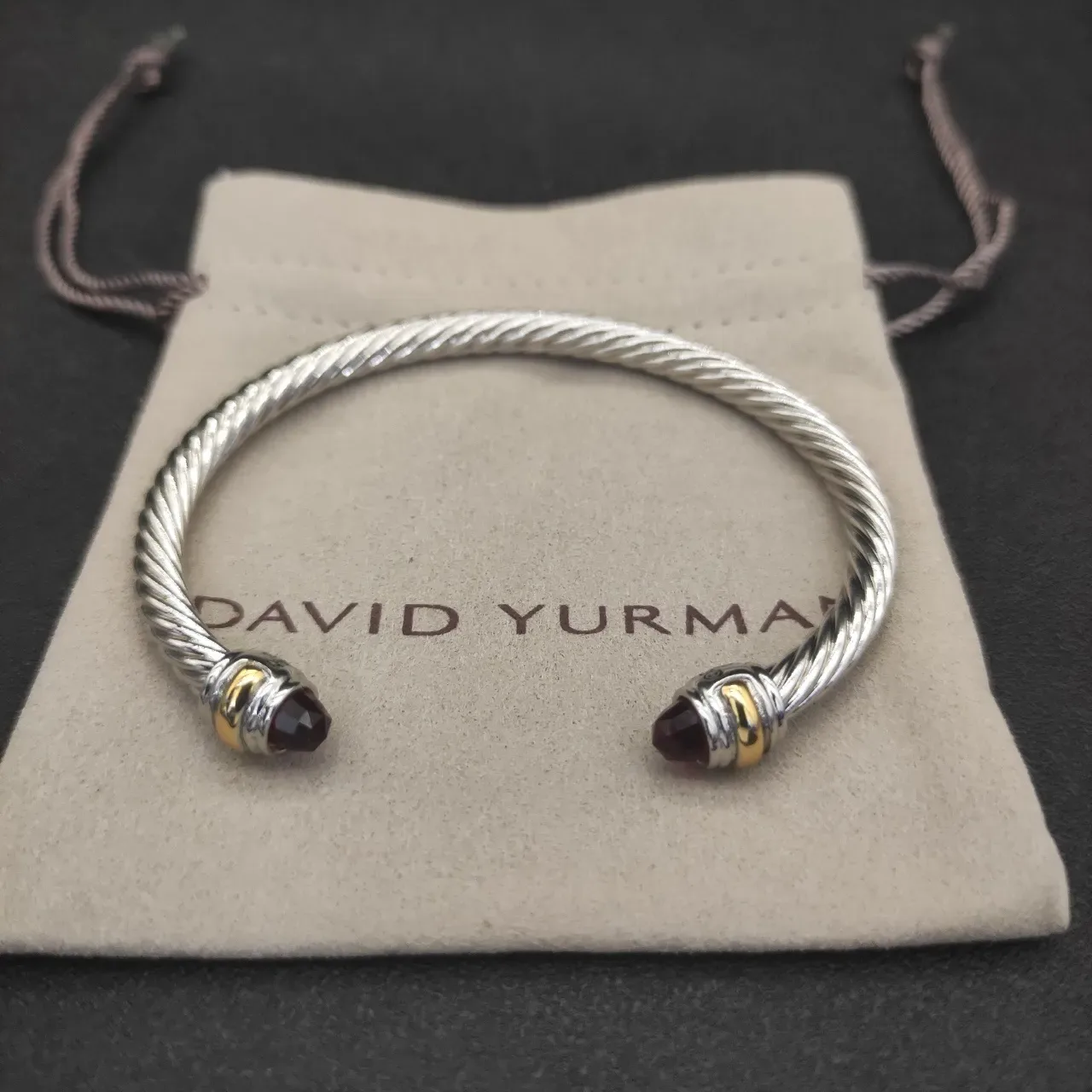 Twisted Cable Gemstone-Tipped Two-Tone Open Cuff Bracelet 4